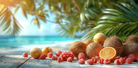 Fresh fruits on wooden table on tropical beach. Summer vacation concept.