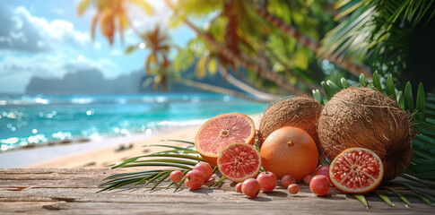 Fresh fruits on wooden table on tropical beach. Summer vacation concept.