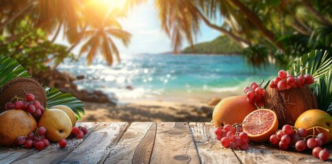 Fresh fruits on wooden table on tropical beach. Summer vacation concept.