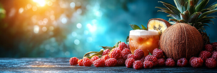 Fresh fruits on tropical beach. Summer vacation concept.
