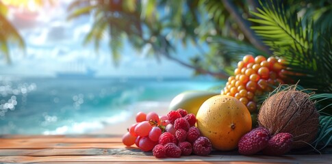 Fresh fruits on tropical beach. Summer vacation concept.