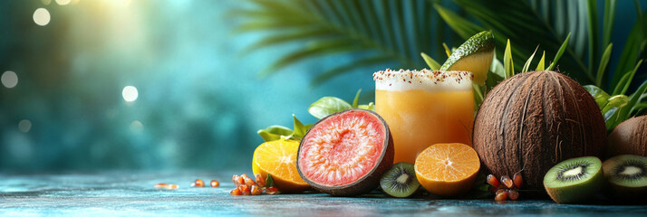 Tropical fruit smoothie with kiwi, orange and coconut on blue wooden table