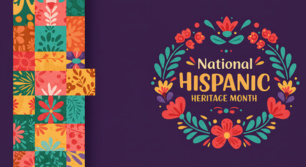 National Hispanic Heritage Month Celebration Banner with Folk Floral Design and Pattern Panel