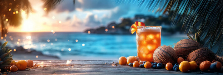 Cocktail on tropical beach at sunset. Panoramic banner