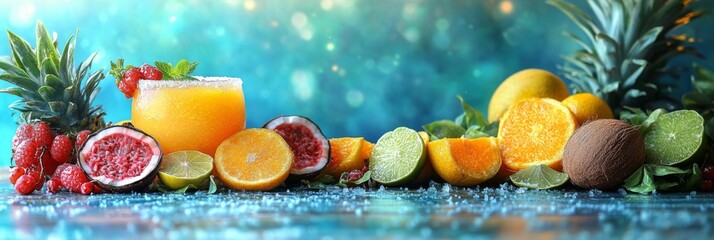 Composition with fresh citrus fruits and smoothie on light blue background

