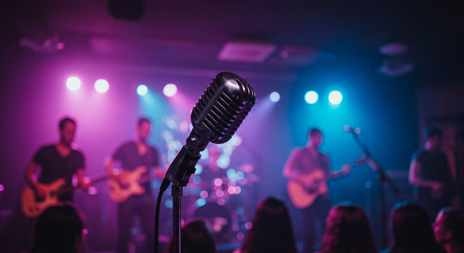A vintage microphone stands on stage with a band performing under colorful stage lights in the background