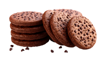 A stack of chocolate chip cookies with chocolate chips on the ground
