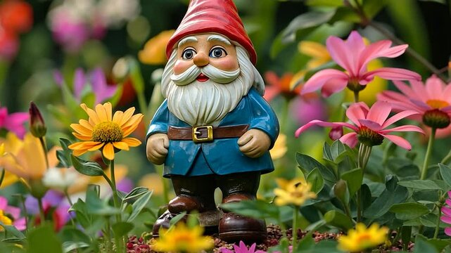 Garden gnome amidst colorful flowers in a vibrant garden setting