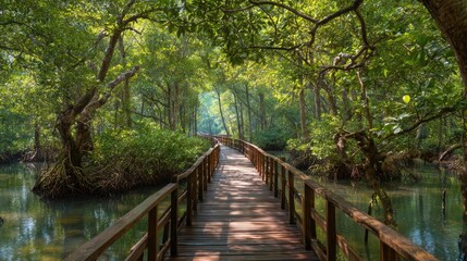Obraz premium A beautiful wooden walkway stretches through a vibrant mangrove forest, surrounded by rich greenery and reflecting calm waters under a bright sky. Sunlight filters through the leaves