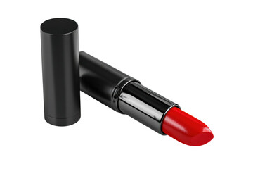 Sleek red lipstick in black case on white background, cut out