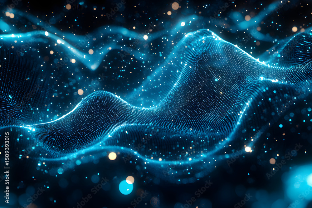 Poster abstract glowing blue digital mesh wave with dots and lines forming a futuristic network on a dark b