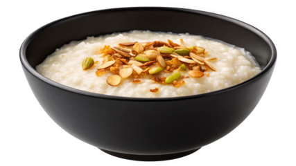 Bowl of rice porridge with cardamom and almonds in a black cup isolated on transparent background.