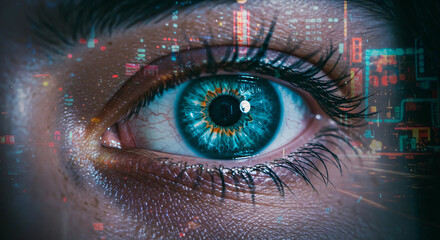 A captivating macro close-up of a woman's blue iris reveals intricate beauty, framed by delicate eyelashes and reflecting a clear vision