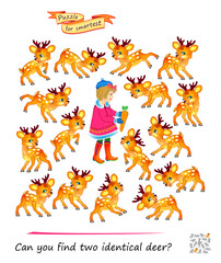 Can you find two identical deer? Logic puzzle for children and adults. Game Seek and Find. Page for kids brain teaser book. Task for attentiveness. IQ test. Play online. Vector illustration.