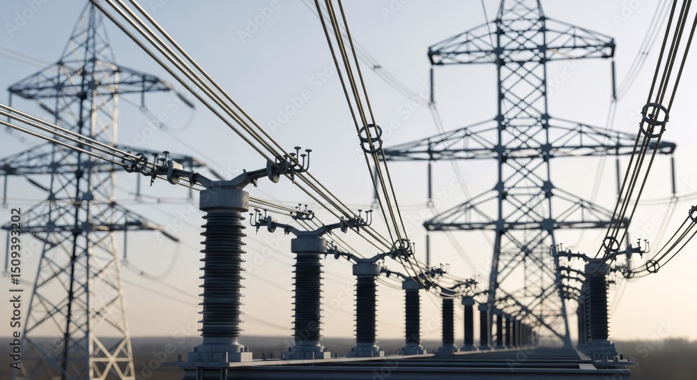 Poster close up view of high voltage electrical substation showing power lines and insulators. modern power