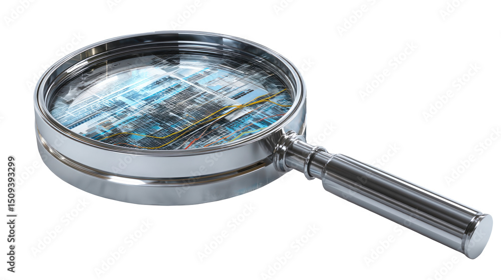 Poster magnifying glass is hovering over digital binary code, suggesting the concept of data analysis, cybe
