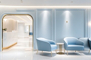 Modern, light blue aesthetic spa reception area.  Two armchairs and a small table.  Marble countertop.  Open-plan design with soft lighting