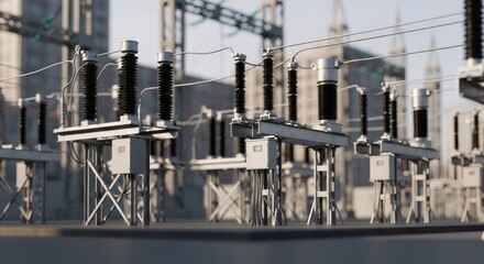 Electrical substation with high voltage power lines and insulators. Energy distribution and urban power grid infrastructure.