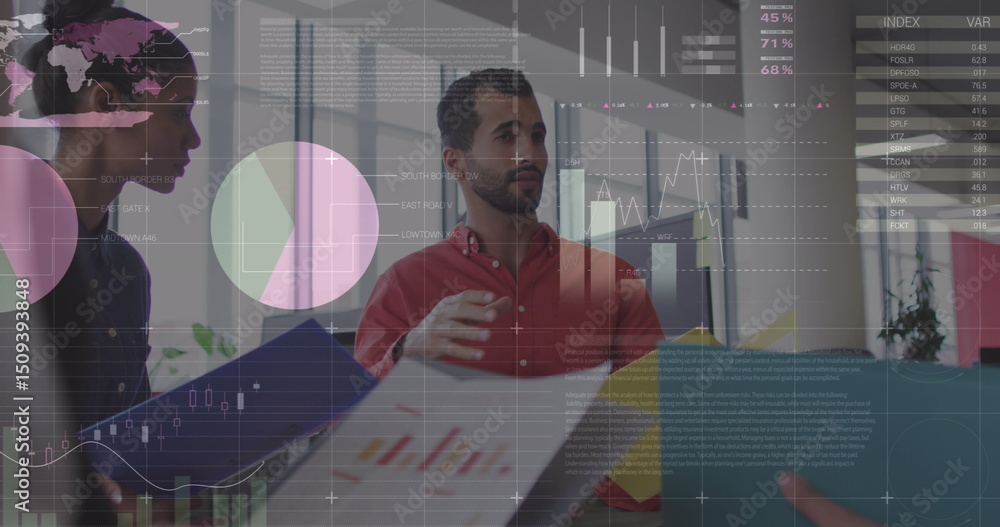 Poster statistical data processing against diverse office colleagues with documents discussing together