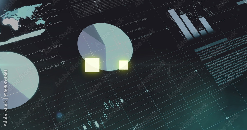 Poster statistical data processing over glowing yellow squared shapes pulsating against black background