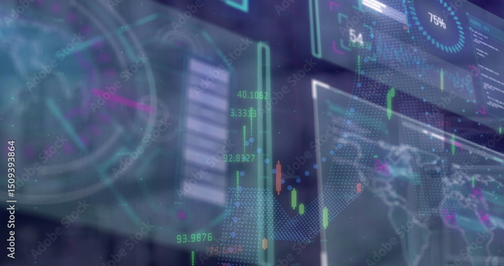 Poster financial data processing over digital interface with data processing against blue background