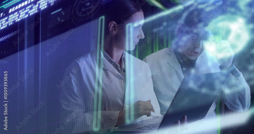 Poster data processing against diverse male and female engineers using laptop at computer server room