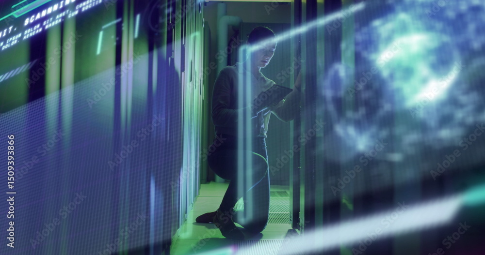 Poster digital interface with data processing against female caucasian engineer working at server room