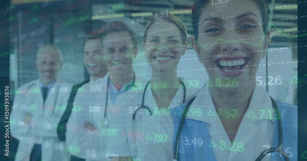 Poster image of data processing over diverse doctors smiling