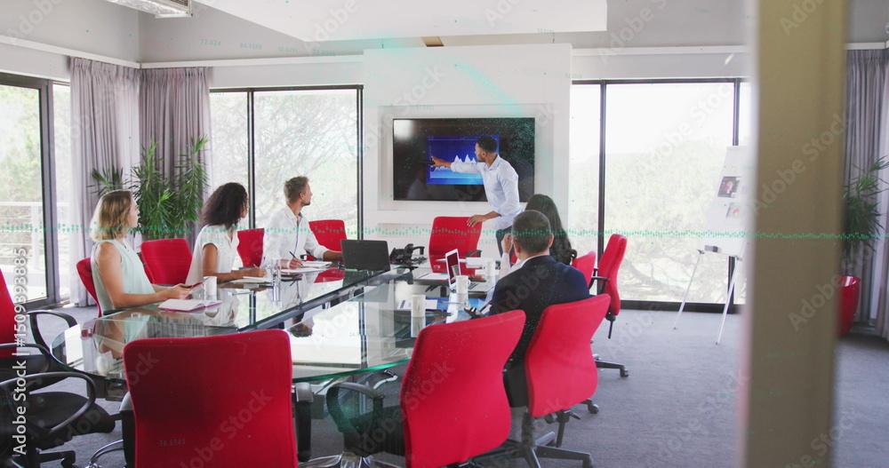 Poster presenting professional pointing at data graph on screen in meeting room, glass table laptops
