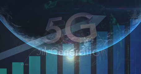 Image of data processing and 5g text over globe