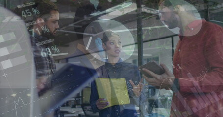 Image of statistics and financial data processing over man and woman working in warehouse