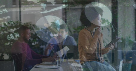 Image of data processing over diverse business people talking