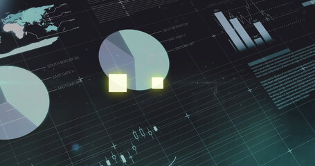 Statistical data processing over glowing yellow squared shapes pulsating against black background