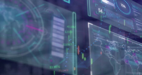 Financial data processing over digital interface with data processing against blue background