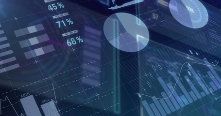 Statistical data processing over digital interface with data processing against blue background