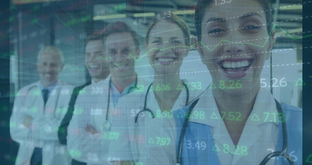 Image of data processing over diverse doctors smiling