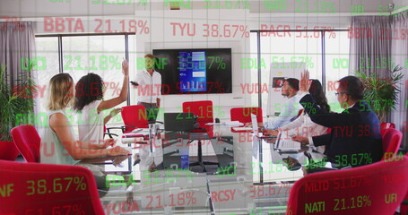 Image of data processing over diverse business people at meeting