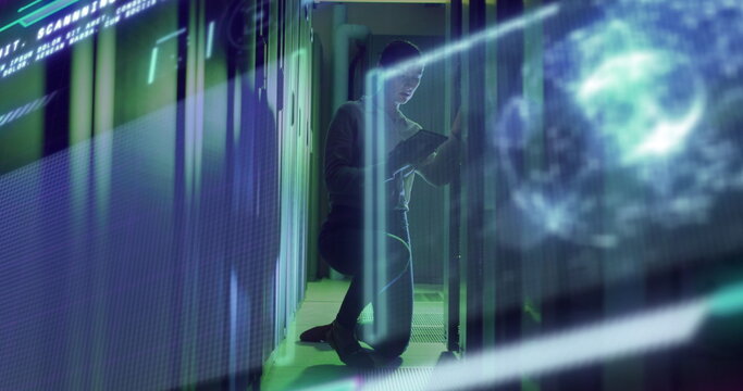 Digital interface with data processing against female caucasian engineer working at server room