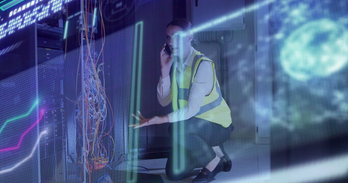 Image of data processing over caucasian female worker in server room