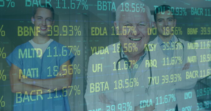 Image of stock market data processing over team of diverse male medical health workers standing