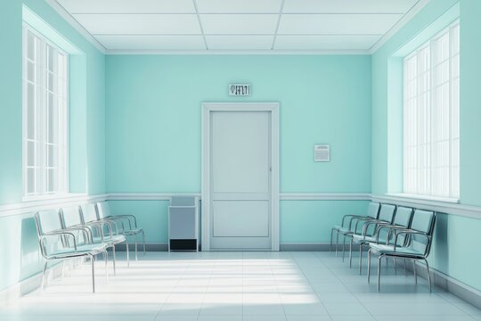 Empty mint-green hospital waiting area