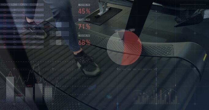 Image of data processing over caucasian woman walking on treadmill