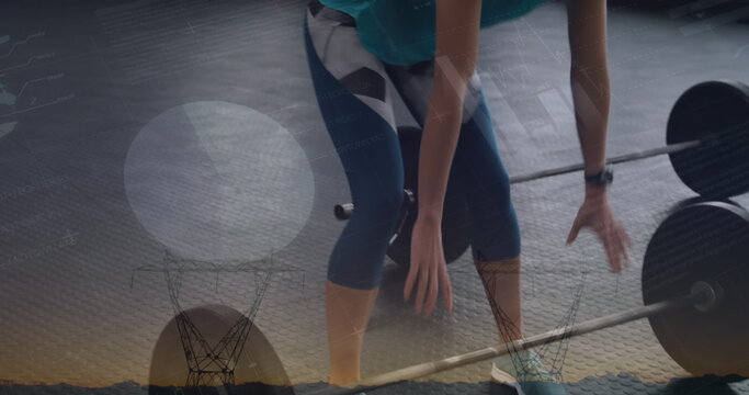 Statistical data processing against caucasian fit woman performing deadlift exercise at the gym