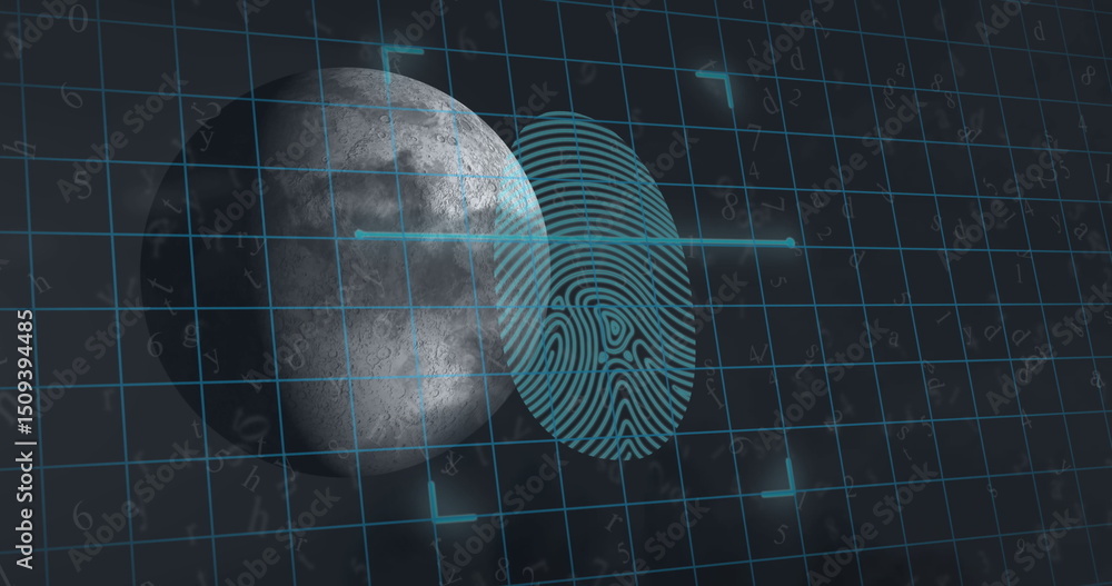 Poster image of biometric fingerprint scanner over grid network and moon against grey background