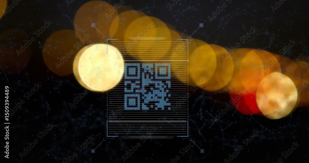 Poster image of neon qr code scanner and network of connections over spots of light on black background