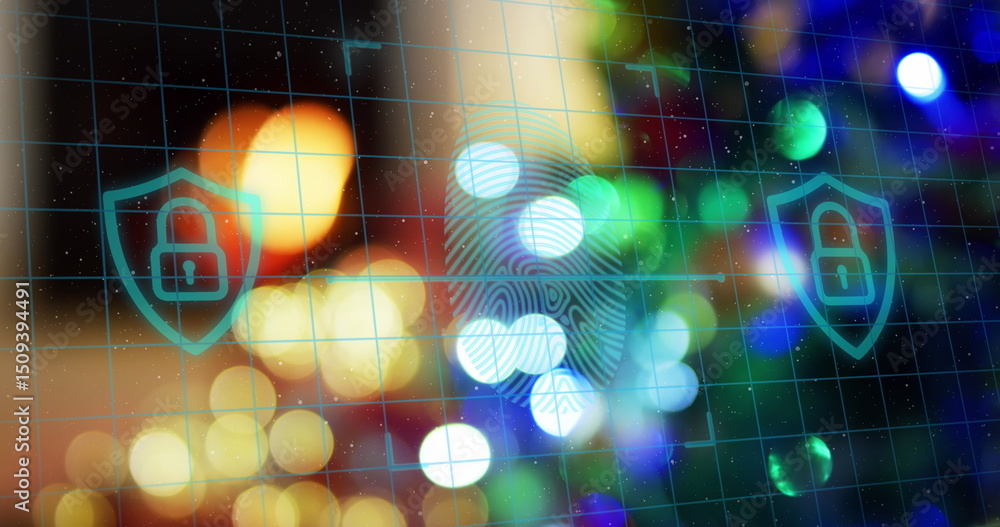 Poster image of biometric fingerprint scanner over grid network and spots of light on grey background