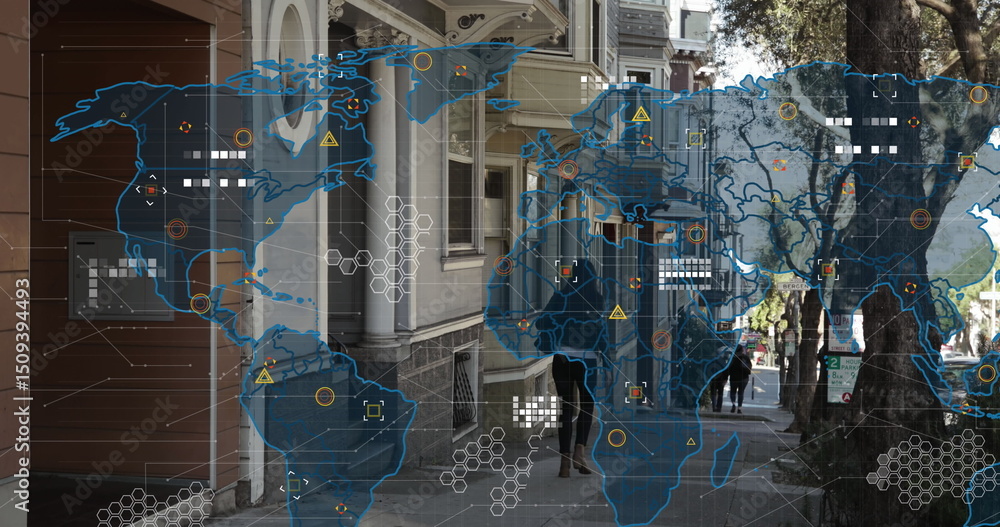 Poster data processing over world map against rear view of a woman walking on the footpath