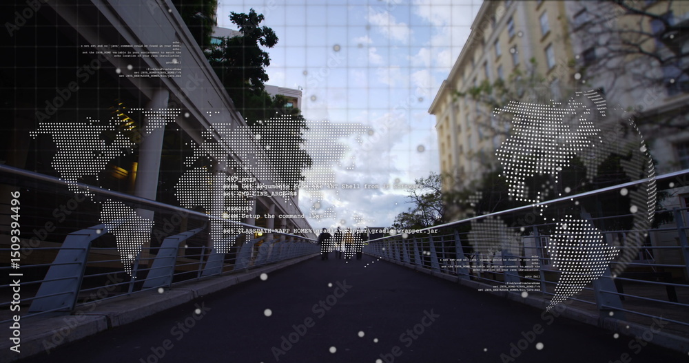 Poster world map and data processing over time-lapse of city bridge