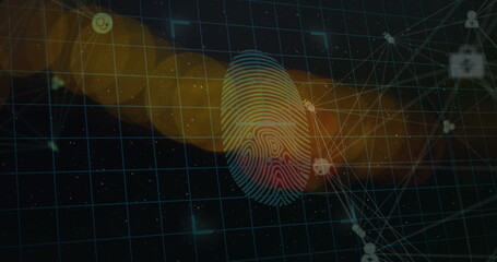Digital image of spots of light and biometric fingerprint scanner against black background