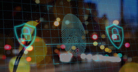 Image of fingerprint over cityscape at night